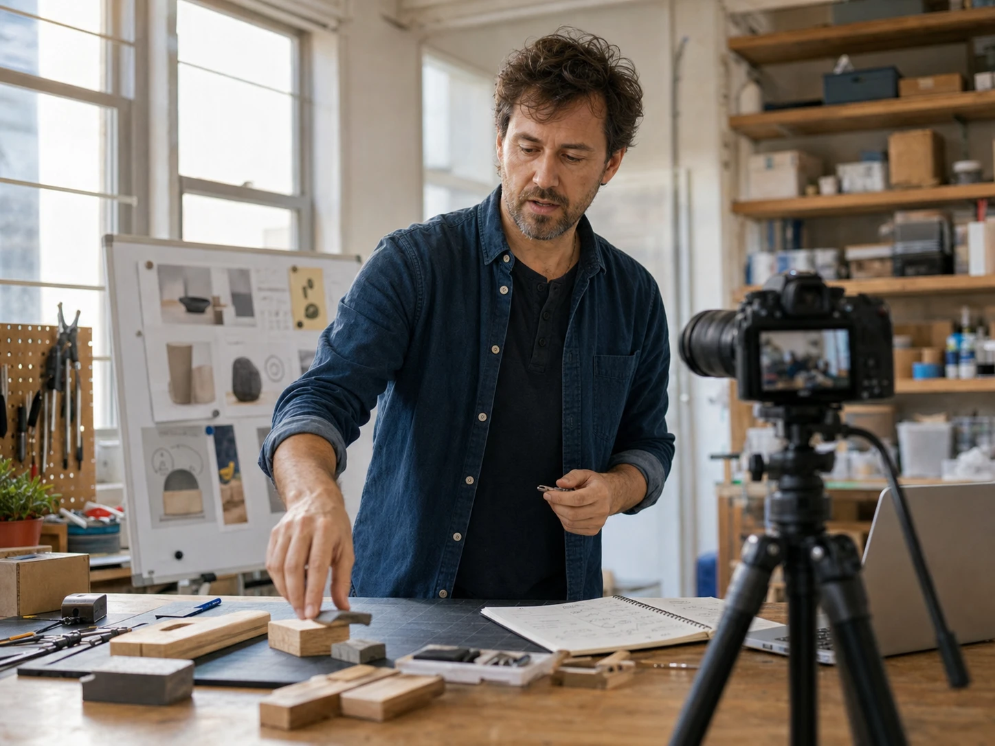 A YouTuber filming a product demo in a studio workshop