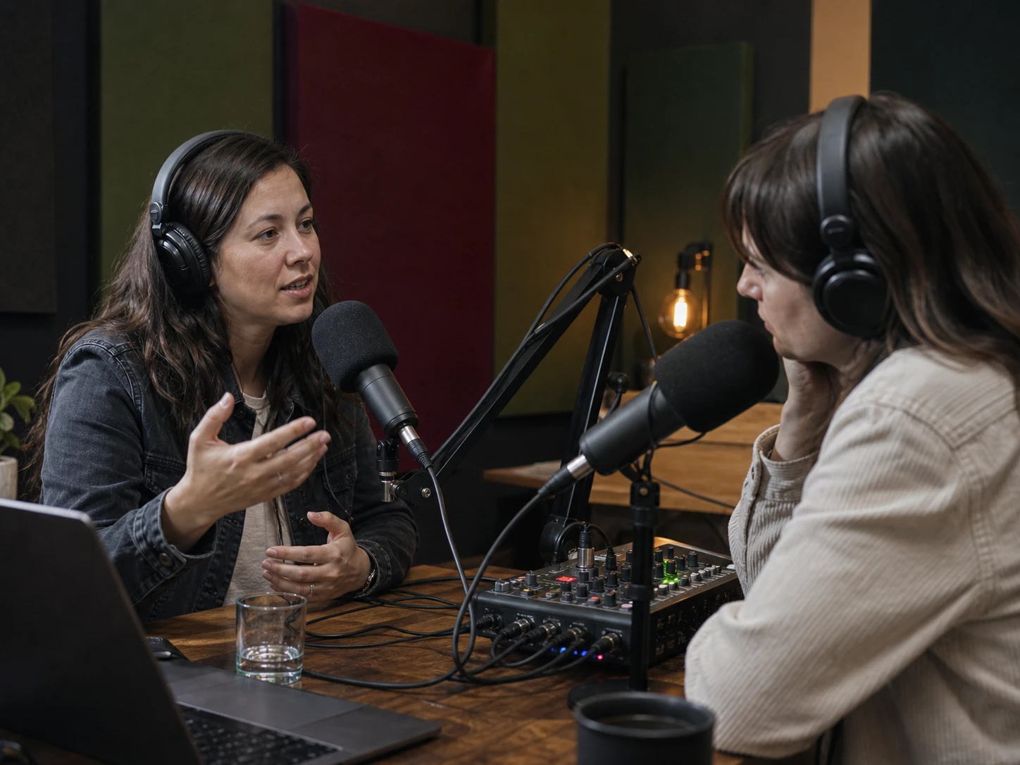 Two podcasters recording a conversation with microphones